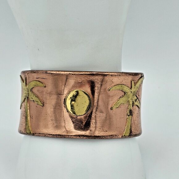 Copper Brass Cuff Bracelet Vtg Tropical Island Palm Frond Tree Sun Antique Boho - Picture 2 of 7